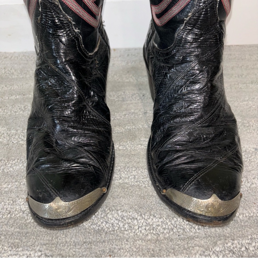 VTG Tony Lama Black Embroidered Eel Skin Leather Metal Cowboy Boots Men’s Sz 9 D - Picture 6 of 11